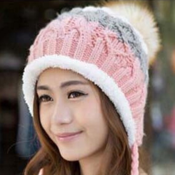 Gray, Pink & White Fleece Lined Beanie with Pom Poms - Picture 7 of 15